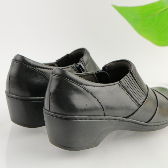 Clark Womens Channing Essa Bootie Size 7.5 Black Leather Loafer Wedge Heel Clogs - Picture 3 of 12